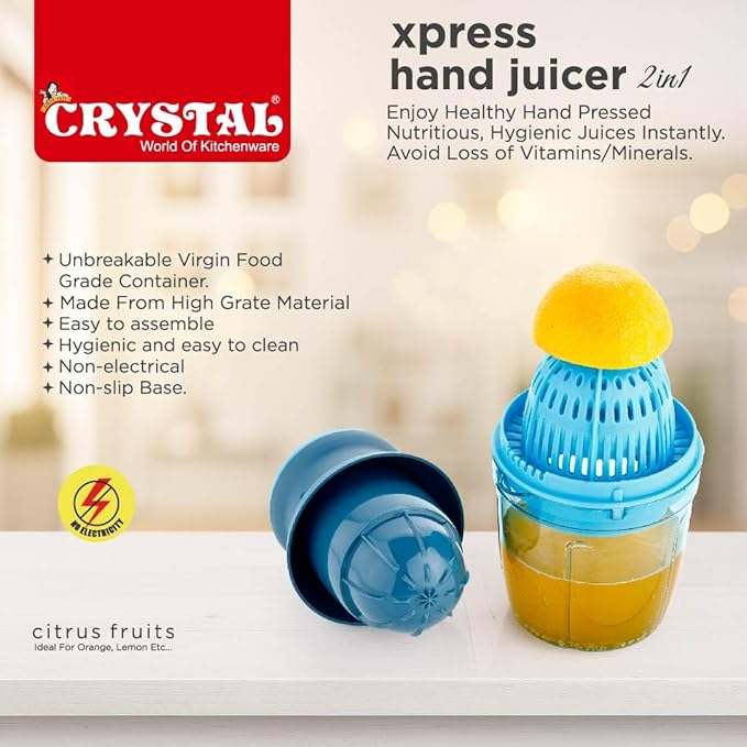 Crystal Plastic Xpress Handy Juicer 2 in 1| Manual Citrus and Fruit Juicer | Multicolour | No Electricity Required