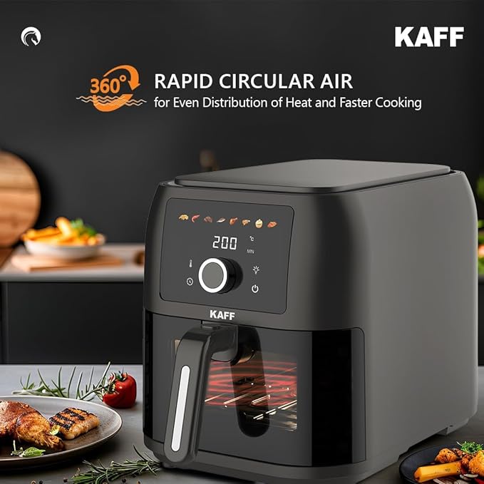 KAFF KFR8 Air Fryer Oven with 360° High Speed Air Circulation Technology | Digital LED Display & Touch Control Panel | Bake, Grill & Roast | 1700W (7L, Black)