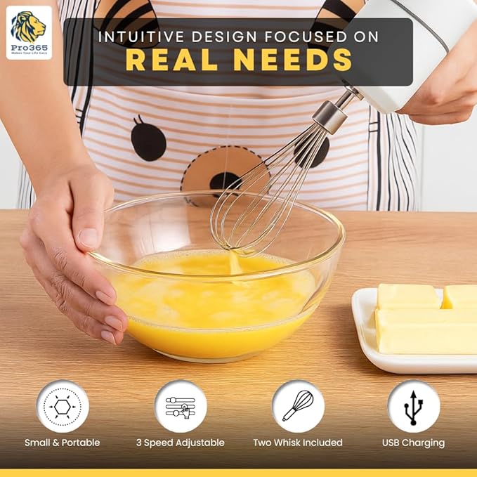 PRO365 Wireless Electric Hand Mixer | 3-Speeds | USB Rechargeable | Cordless Handheld Blender | Portable 3-in-1 with Double Egg Beaters | 2 Stirring Mesh for Baking & Cooking |