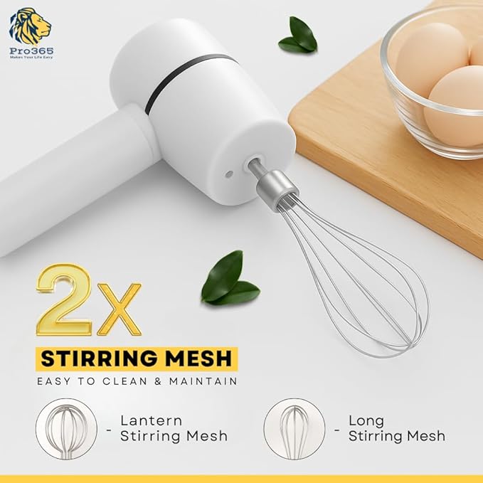 PRO365 Wireless Electric Hand Mixer | 3-Speeds | USB Rechargeable | Cordless Handheld Blender | Portable 3-in-1 with Double Egg Beaters | 2 Stirring Mesh for Baking & Cooking |