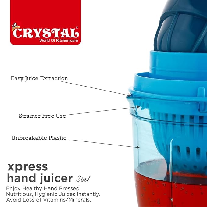 Crystal Plastic Xpress Handy Juicer 2 in 1| Manual Citrus and Fruit Juicer | Multicolour | No Electricity Required