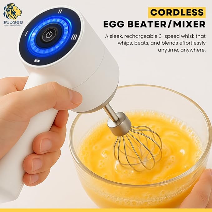 PRO365 Wireless Electric Hand Mixer | 3-Speeds | USB Rechargeable | Cordless Handheld Blender | Portable 3-in-1 with Double Egg Beaters | 2 Stirring Mesh for Baking & Cooking |