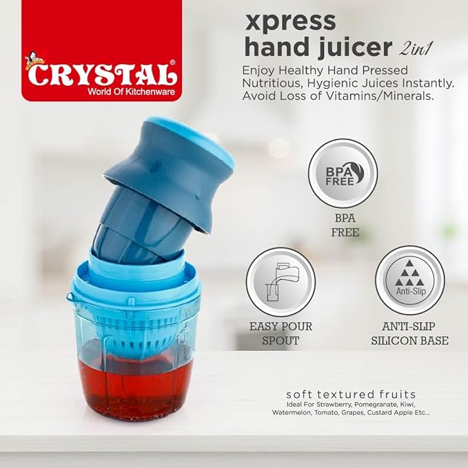 Crystal Plastic Xpress Handy Juicer 2 in 1| Manual Citrus and Fruit Juicer | Multicolour | No Electricity Required