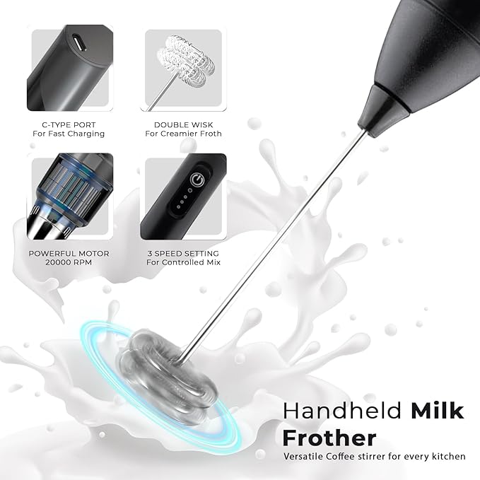 PANCA Coffee Frother Electric Blender Mixer |Whisker | Hand Blender | Coffee Maker and Beater Electric | Rechargeable | Milk Frother(Set of 1, Black, 3 Modes)