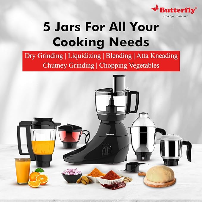 Butterfly Vertex 750W Food Processor With 5 Jars - 3 SS, 1 Juicer, 1 Processor Bowl | Atta Kneader, Vegetable Chopper | Dual Shell With Air Gap Cooling Technology | 2 Year Warranty | Black