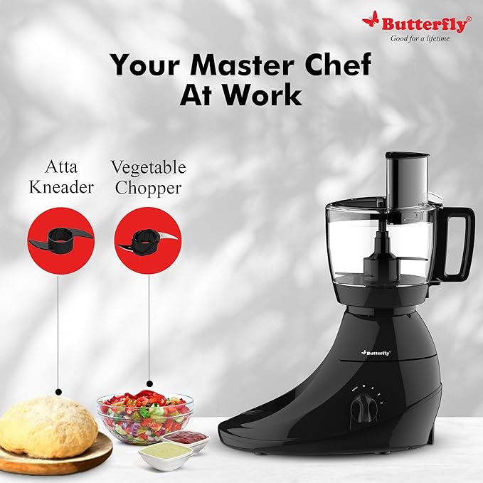 Butterfly Vertex 750W Food Processor With 5 Jars - 3 SS, 1 Juicer, 1 Processor Bowl | Atta Kneader, Vegetable Chopper | Dual Shell With Air Gap Cooling Technology | 2 Year Warranty | Black