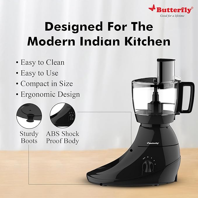 Butterfly Vertex 750W Food Processor With 5 Jars - 3 SS, 1 Juicer, 1 Processor Bowl | Atta Kneader, Vegetable Chopper | Dual Shell With Air Gap Cooling Technology | 2 Year Warranty | Black