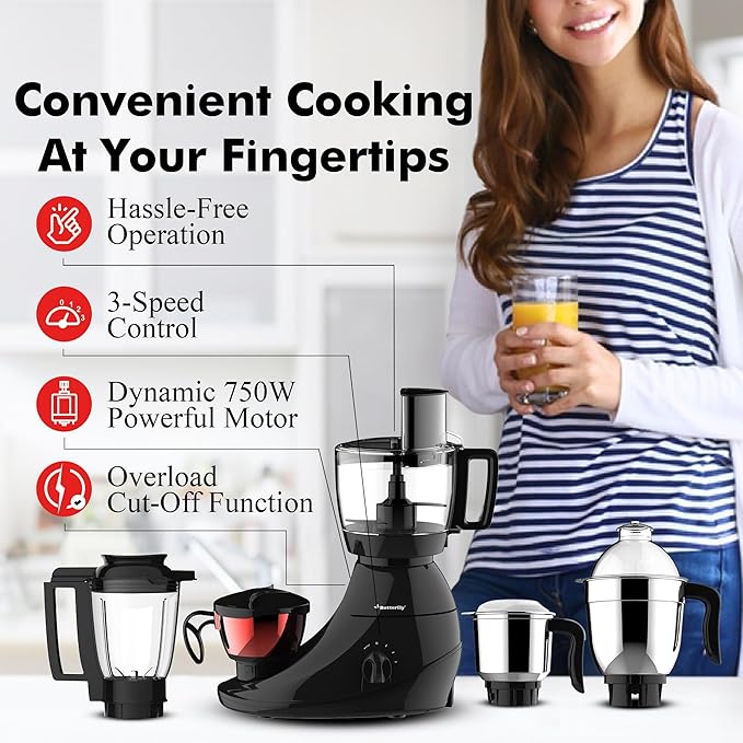 Butterfly Vertex 750W Food Processor With 5 Jars - 3 SS, 1 Juicer, 1 Processor Bowl | Atta Kneader, Vegetable Chopper | Dual Shell With Air Gap Cooling Technology | 2 Year Warranty | Black